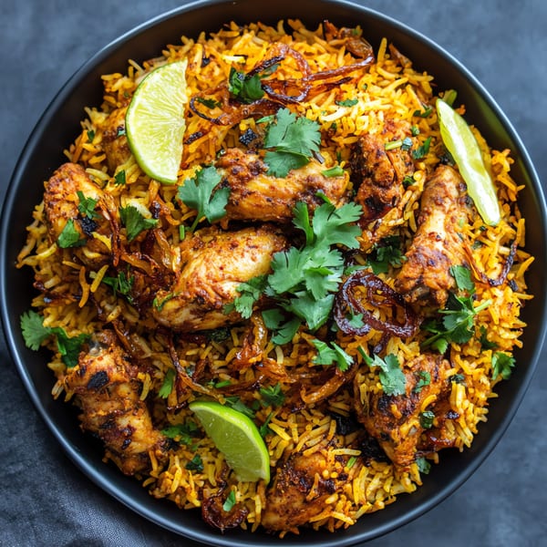 Tikka House Indian Eatery's chicken biryani, garnished with cilantro, fried onions, and lime wedges.