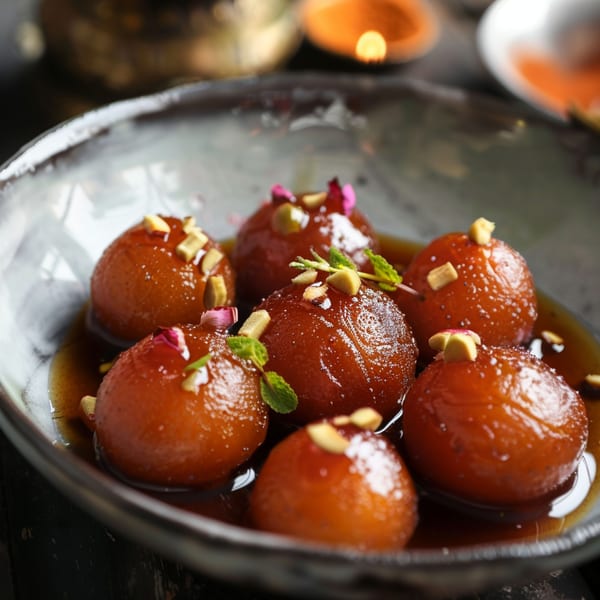 A bowl of Gulab Jamun, garnished with pistachios, mint leaves, and rose petals, in a dark setting.