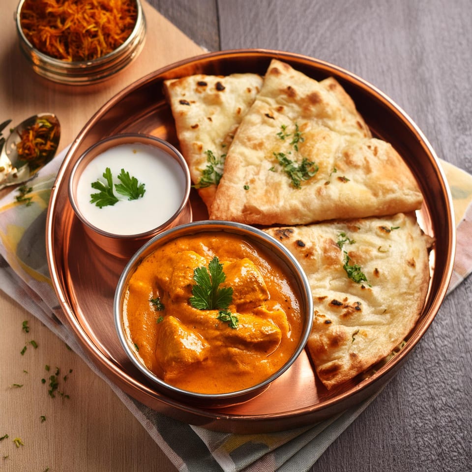 Tikka House Indian Eatery's butter chicken, naan bread, and raita served on a copper platter.