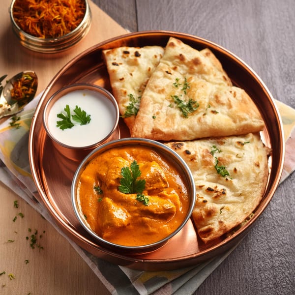 Tikka House butter chicken, naan bread, and raita served on a copper platter.