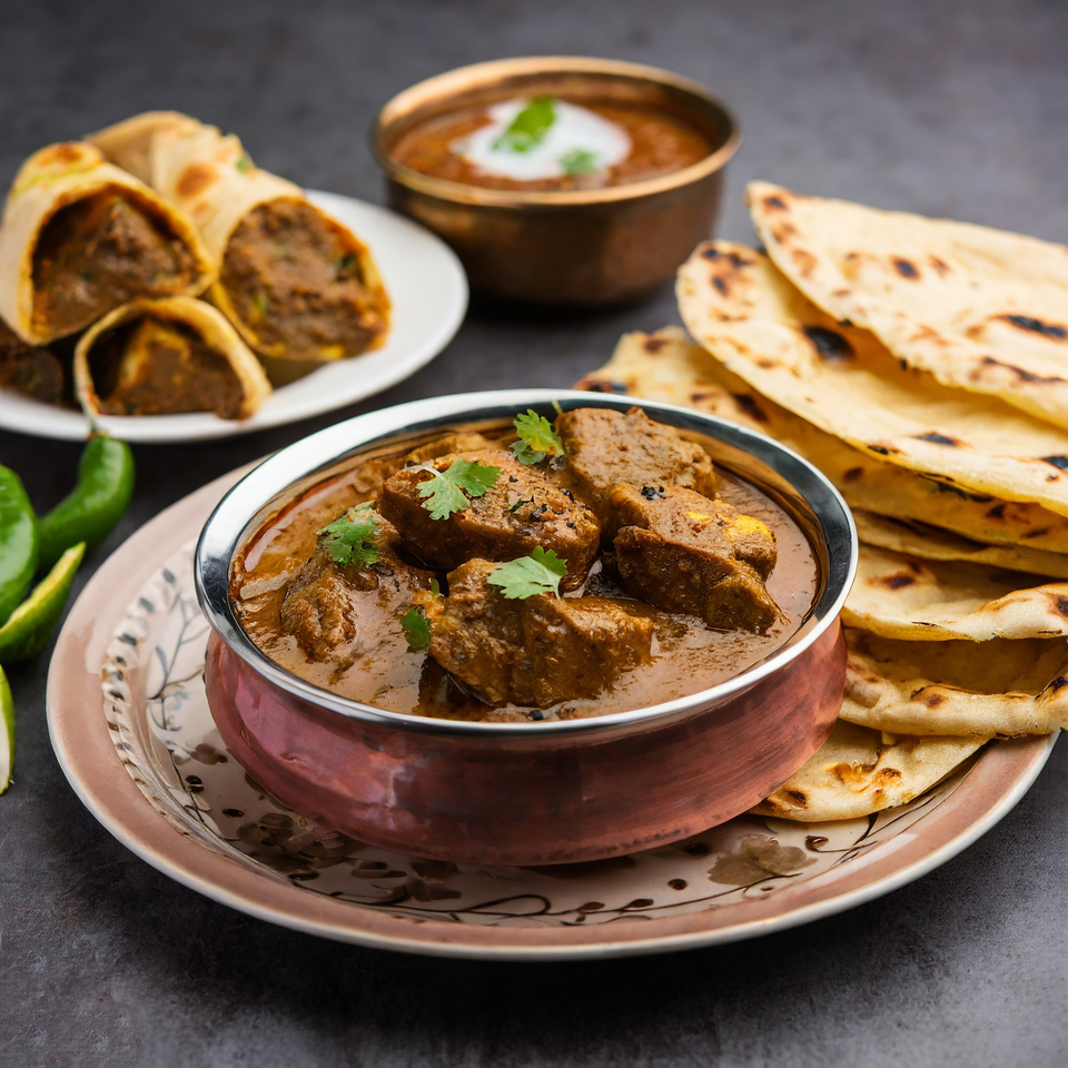 Tikka House Indian Eatery's chicken curry, naan, dal makhani, and kathi rolls on a dark surface.